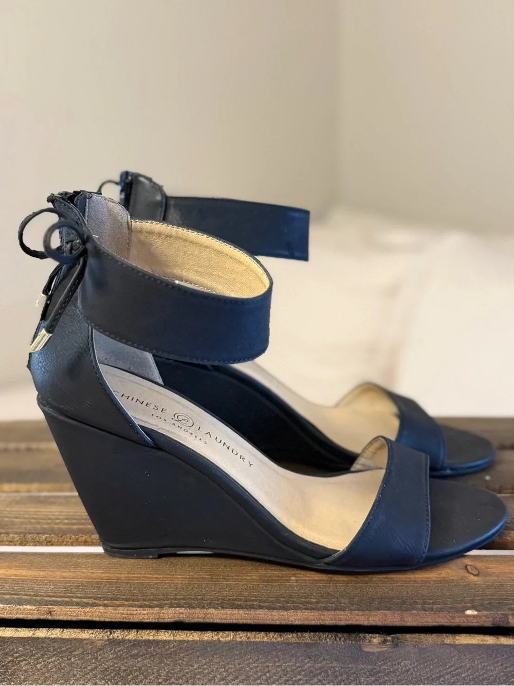 Black Wedge Heels with Ankle Wrap and Bow